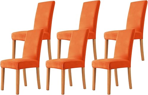 Juego de 6 fundas de terciopelo elástico para sillas de comedor, color naranja, súper ajuste, extraíbles y lavables, protectores de asiento para