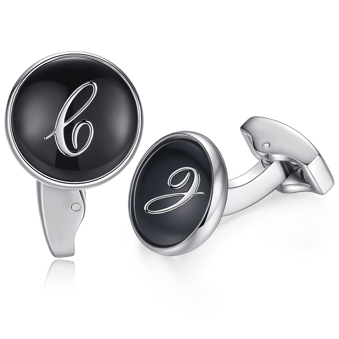 HONEY BEARInitial Alphabet Letter Cufflinks for Men, Black Round Shape Stainless Steel Wedding Business Cufflinks A to Z