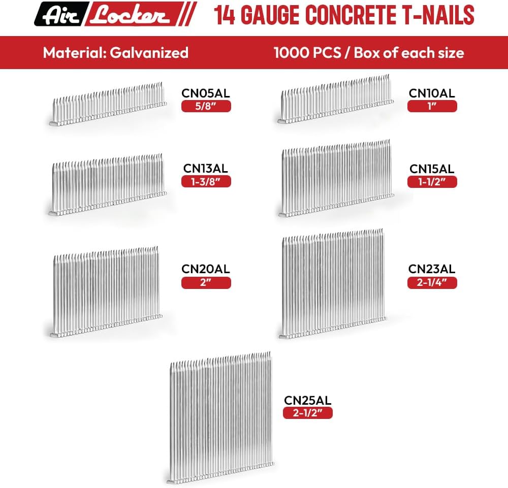 Air Locker CN13AL 14 Gauge Concrete T-Nails for Concrete Nailers 1-3/8 Inch Smooth Shank (1000/Pack)