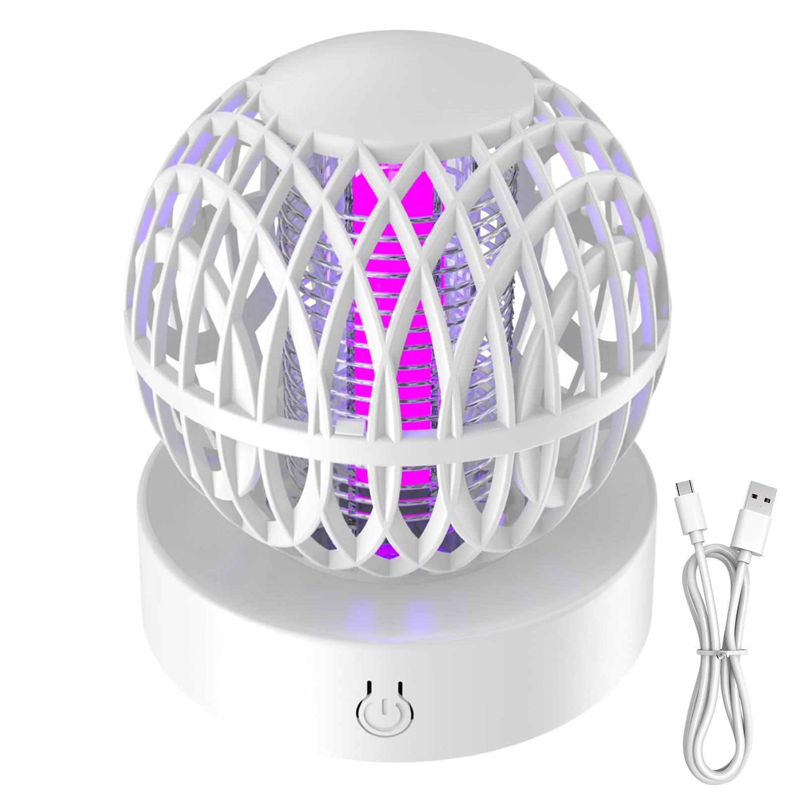 Mosquito Killer Lamp, USB Electric Fly Zapper, Portable Bug Zapper with UV Lamp and Night light Lamp Outdoor, Safety Mesh Cover, Easy-Clean, 360° Attract Zap Flying Insect for Yard, Camping、White