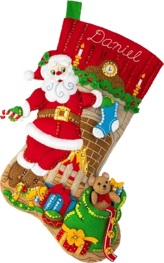 Bucilla Felt Applique 18" Stocking Making Kit, Fireplace Santa, Perfect for DIY Arts and Crafts, 89455E