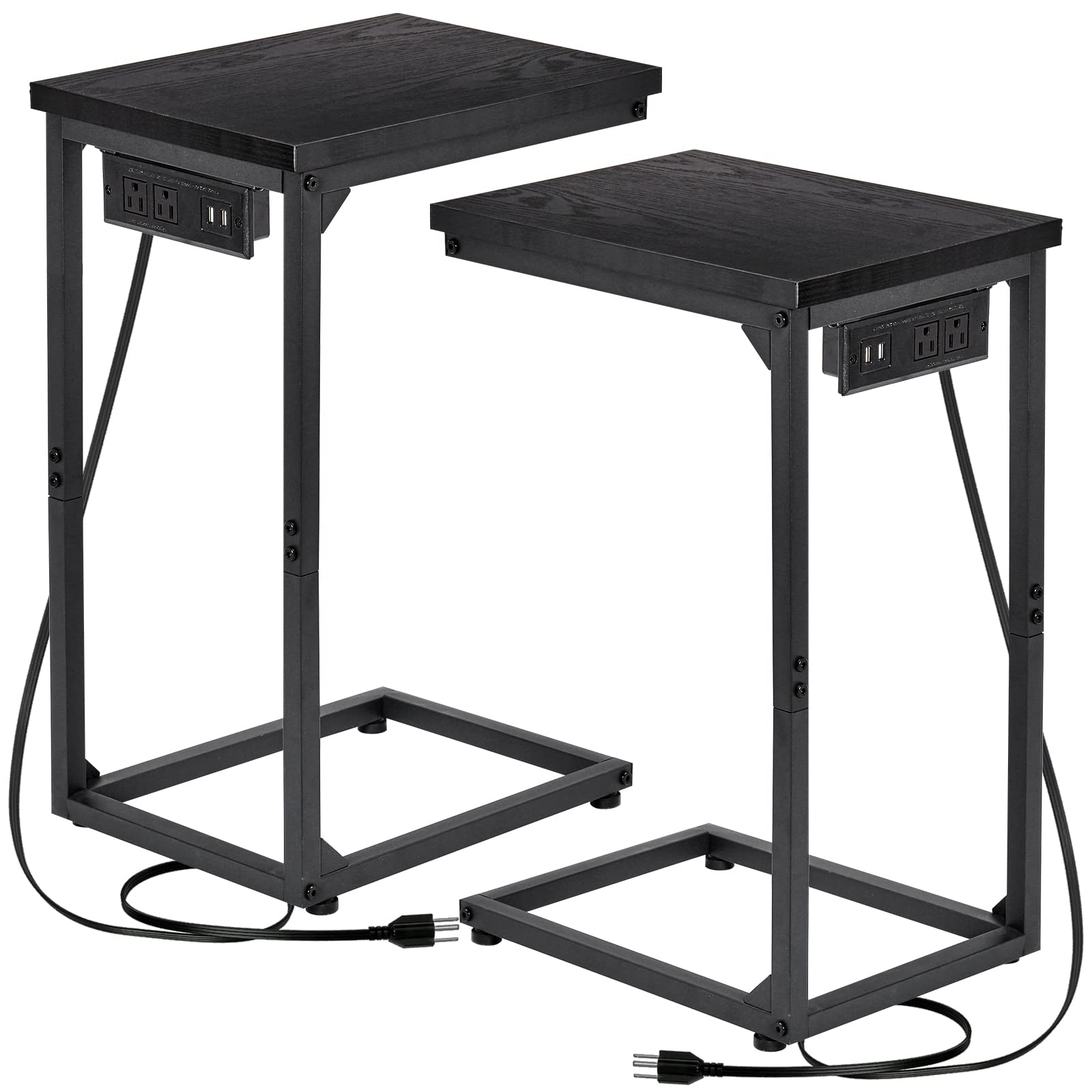 AMHANCIBLE C Shaped End Table with Charging Station, Slim Side Table Set of 2, Narrow Sofa Table for Small Space, Metal Frame, USB Ports Power Outlets, Black HET02CPBK
