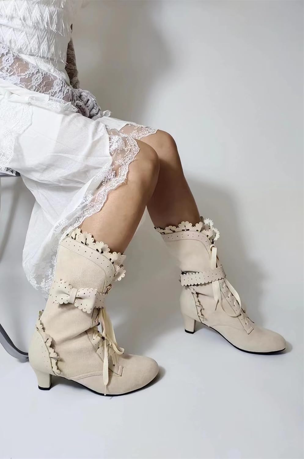 Women Victorian Boots Chunky Heels Lace up Cute Bow Knot Cosplay Costumes Witch Medieval Renaissance Mid-Calf Goth Boots Vintage Gothic Character Dance Kawaii Lolita Shoes - Image 6