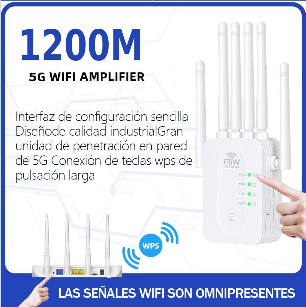 Repetidor WiFi 1200Mbps Doble Banda 5GHz 2.4GHz Amplificador Señal WPS 6 Antenas Externas
