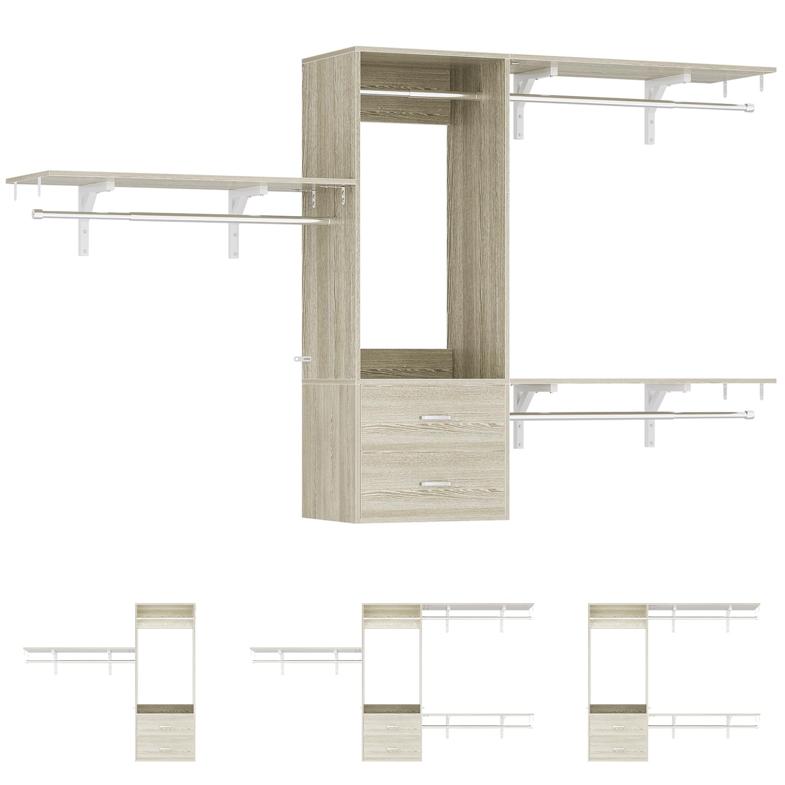 Condition photo showing New/Like New for 8 ft hanging closet organizer system, 96 inch closet system with drawers, walk in closet system with 4 adjustable rods and 3 shelving towers for 4-8ft spaces(cut-to-fit), oak