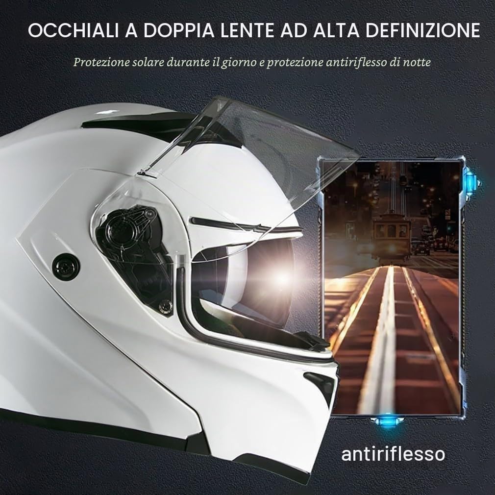 Casco apribile con Bluetooth, casco moto integrato, casco integrale certificato ECE con doppia visiera, con microfono incorporato per E,L59-60CM