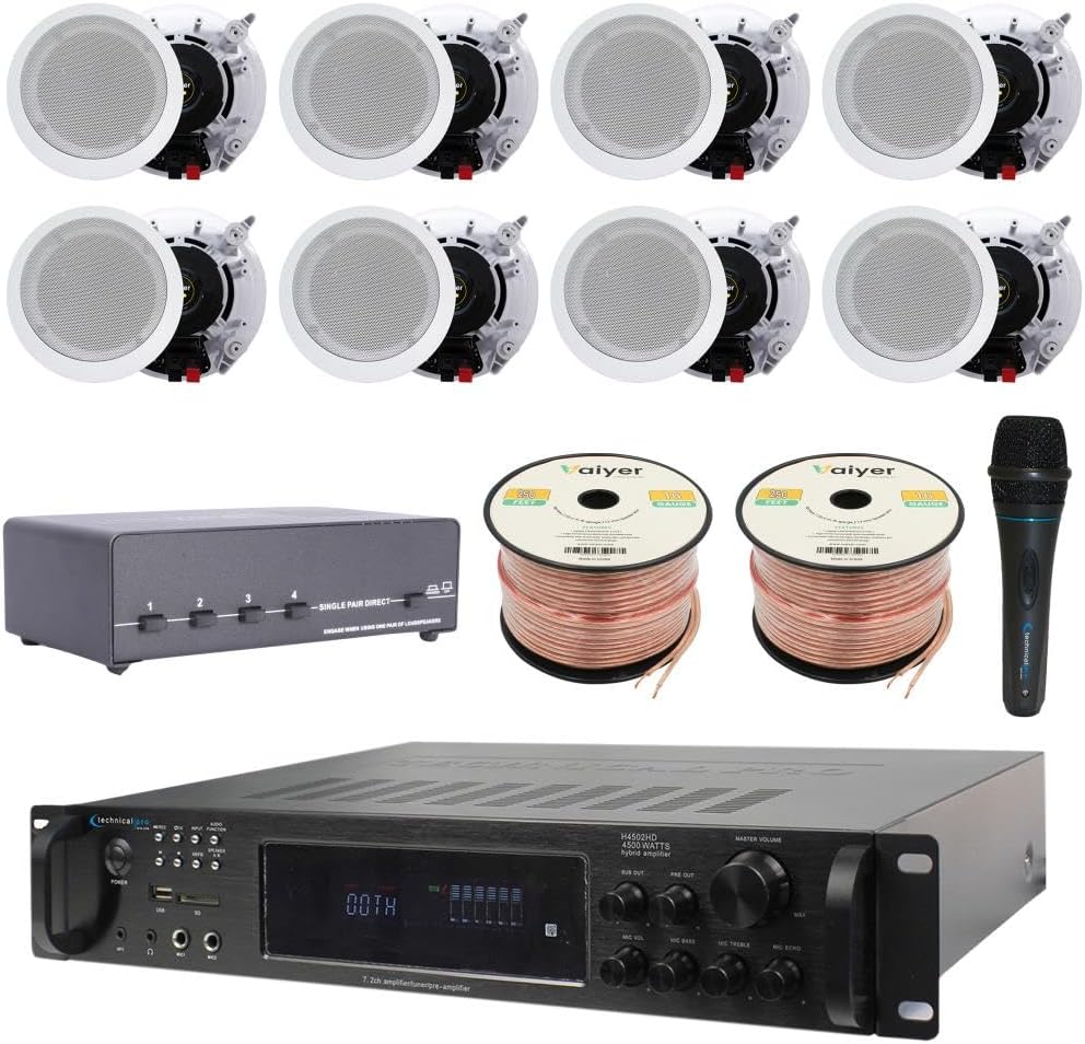 Vaiyer Home Stereo System Kit – 7.2 Channel 4500 Watts Bluetooth Amplifier with 8 Qty of 6.5″ Ceiling Speakers 200W Each, 4-Ch Speaker Selector, Mic, 16 AWG 500 ft Speaker Wire & Remote