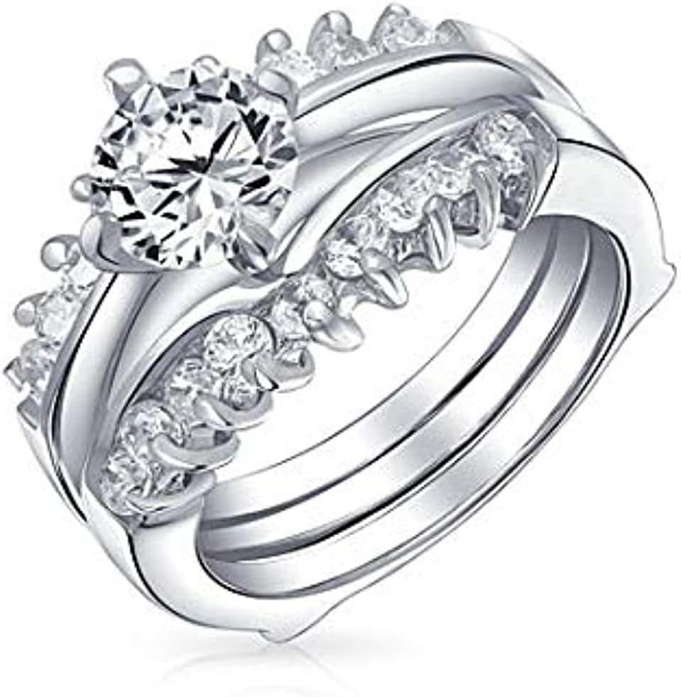 Created Round Cut White Diamond 925 Sterling Silver 14K White Gold Finish Band Inset Guard Enhancers Wedding Engagement Ring Set Ring for Women