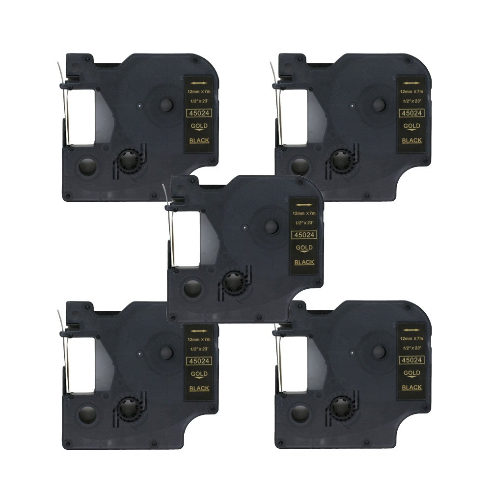 BROVACS 5 Pack Gold on Black Label Tape Compatible for DYMO D1 45024 12mm 1/2" OPA2224x5