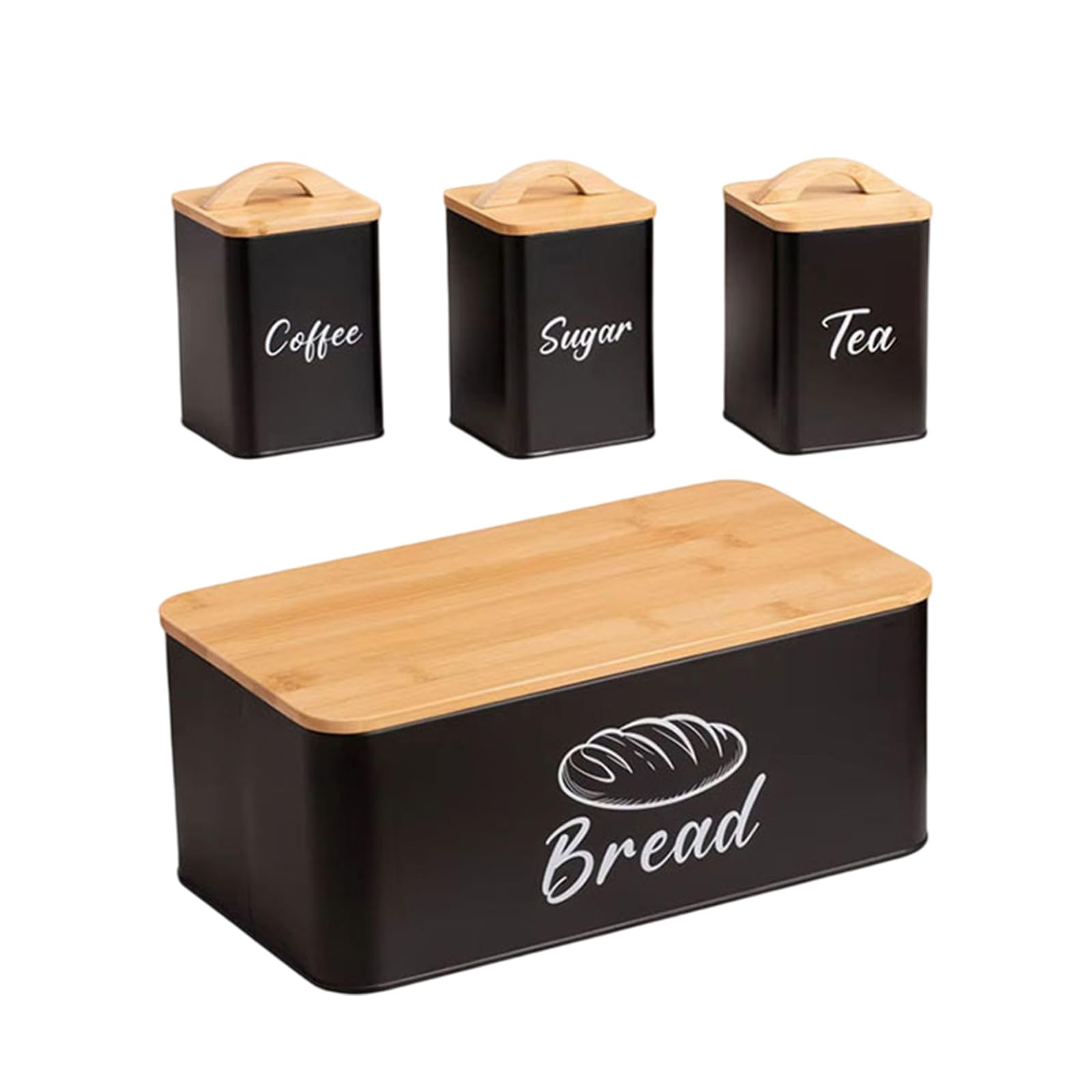 Piceioep Contemporary Wood Stainless Steel Kitchens Canisters 4Pack for Preserving Coffee Tea Leaves Sugar and Bread Slices Coffee Tea Sugar Bread Storage Jars
