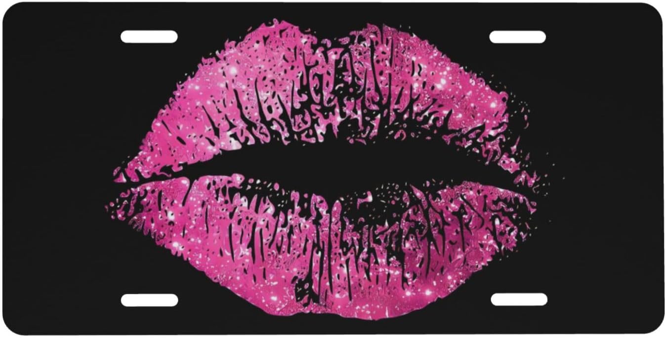Pink Glitter Lips Front License Plate Aluminum Decorative License Plates Funny Metal Car Plate Novelty Vanity Tag Cover 6"X12" Car Decor Accessory with 4 Holes for Men Women