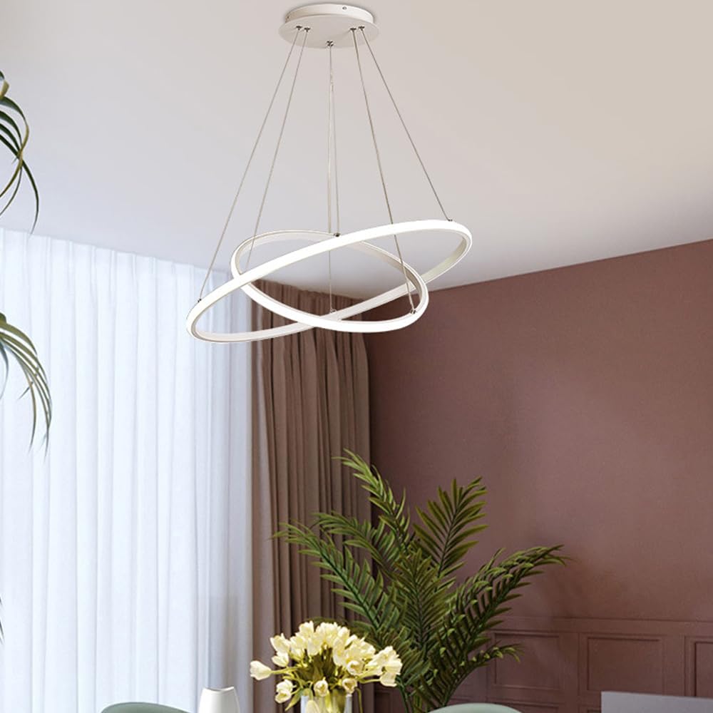 Lampada a Sospensione a LED, 2 Anelli Sospesi Lampadario Cerchi dal Design Moderno, per Soggiorno Sala da Cucina Stanza degli Ospiti (Bianco)