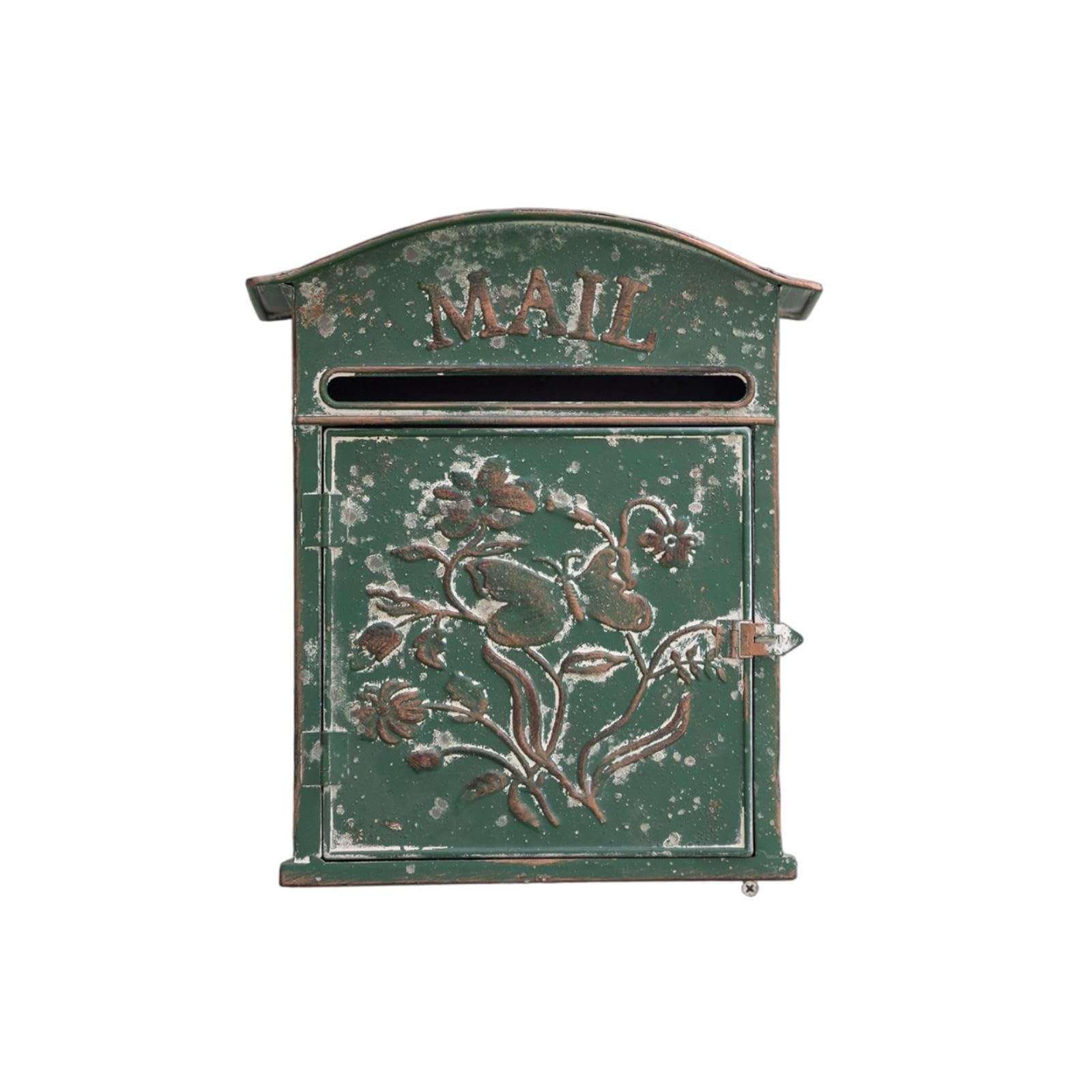 Vintage Wall Mailbox Weathered Finish Decorative Garden Mailbox Floral Relief Dark Green-image-31