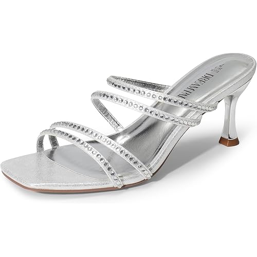 DREAM PAIRS Women's Rhinestone Strappy Heels Square Open Toe Slip On Low Slide Heeled Sandals for Daily Party Wedding Dress Shoes