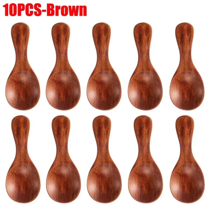 1-10 mini cucharas de madera para cocina, especias, condimentos, café, azúcar, cucharillas de madera para niños, cucharas de madera de mango corto, vajilla para el hogar, 10 unidades, color marrón