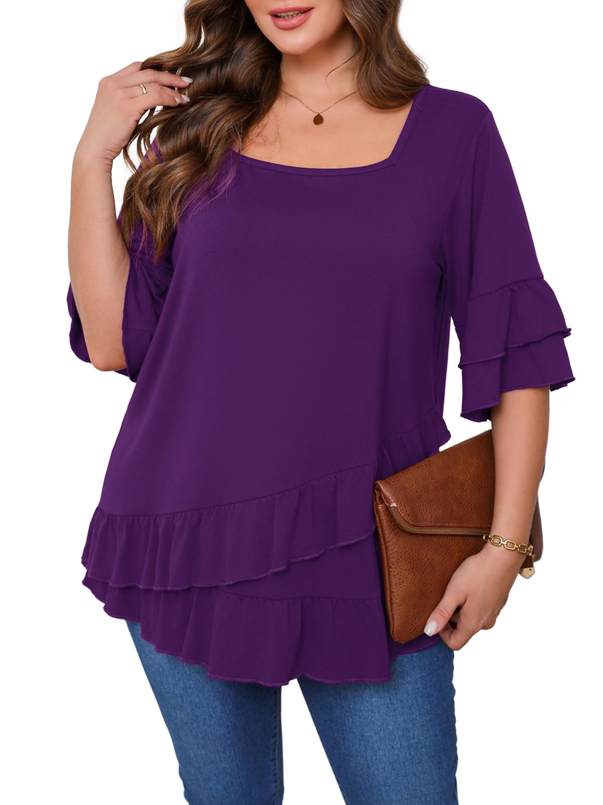 Beauhuty Womens Plus Size Tops Square Neck Tunic Double Ruffles Hem 3/4 Sleeves Shirts Casual Trendy Flowy Dressy Blouses