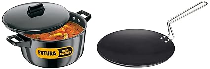 Hawkins Futura Hard Anodised Tawa, 26cm, Black & Futura Hard Anodised Cook-n-Serve Bowl, 4 litres, Black Combo