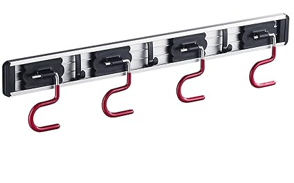 Cavoli Mop Broom Holder Wall Mounted S Type,Garage Storage Holds Up to 7 Tools and Over 50 pounds 17.5 Inches,Base Made by Aluminum Metal (4 Positions and 3 Hooks)