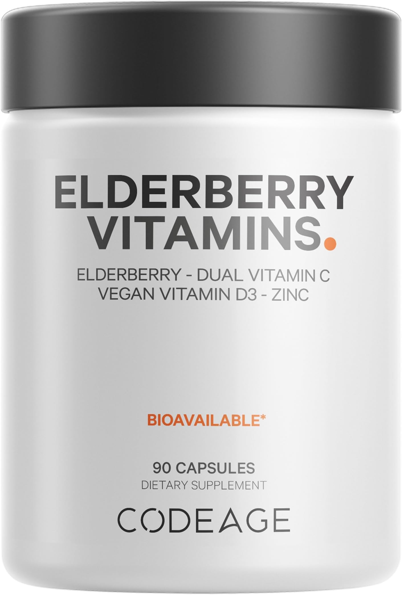 Elderberry Vitamins - Organic Fermented Elderberry Blend, Vitamin C from Ascorbic Acid & Organic Acerola Cherries, Vitamin D3, Zinc, Sambucus Berries - 90 Capsules