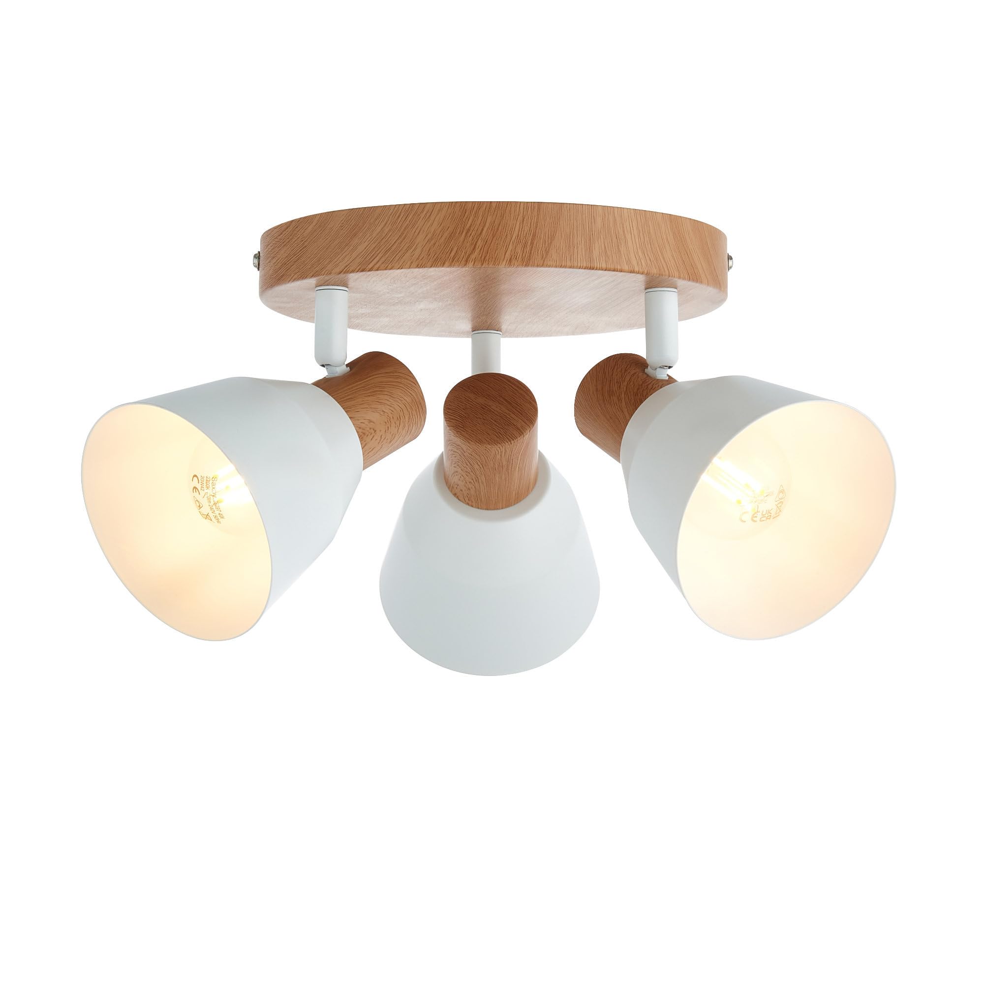 Lorel - Matt White & Wood Detail 3 Way Adjustable Ceiling Spotlight