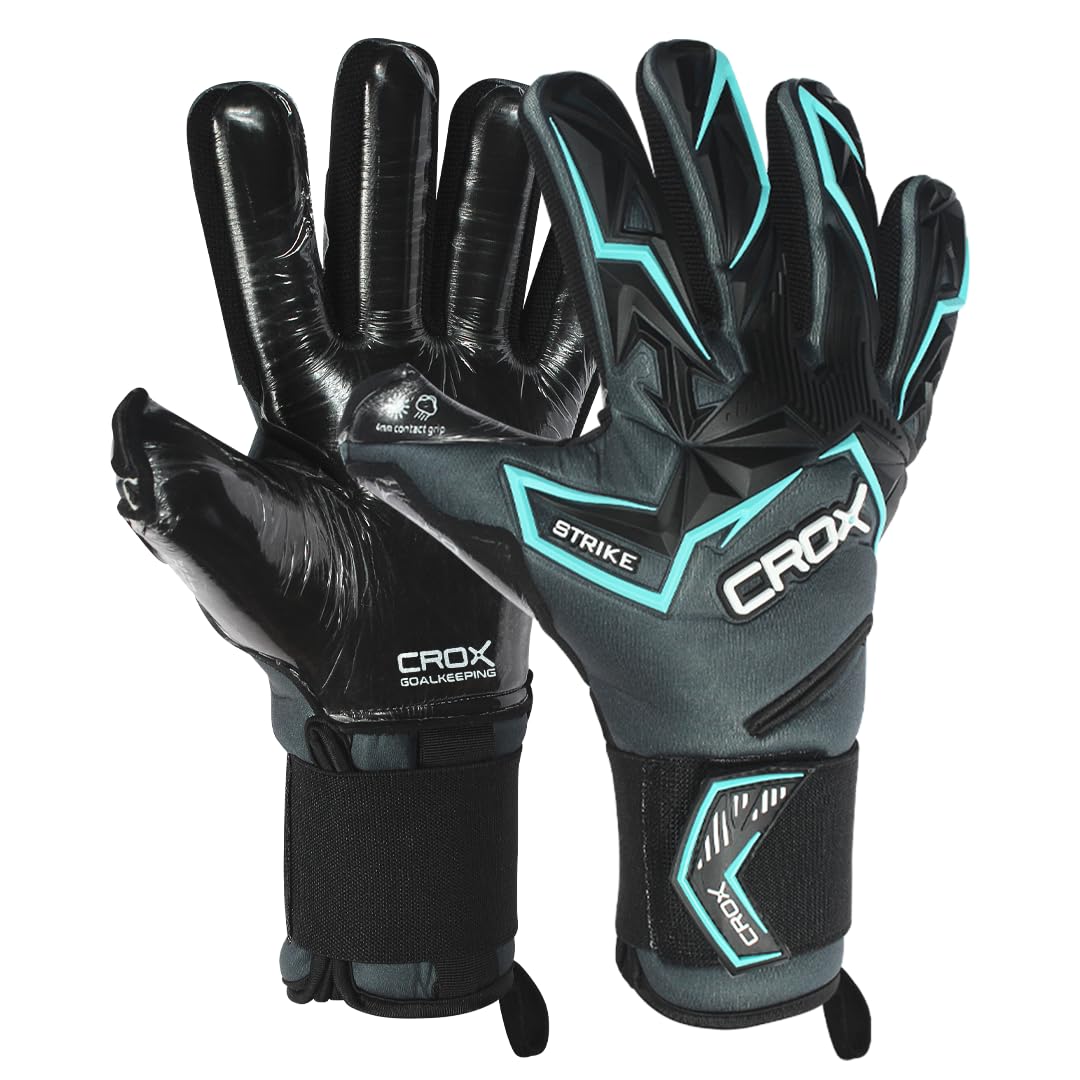 CROX Strike Goalkeeper Gloves – Negative Cut GK Gloves with Removable Finger Spines Contact Grip German Latex Goalie Gloves Football Goalkeeping Gloves (Strike Cyan/Blk, 6, Ambidextrous)
