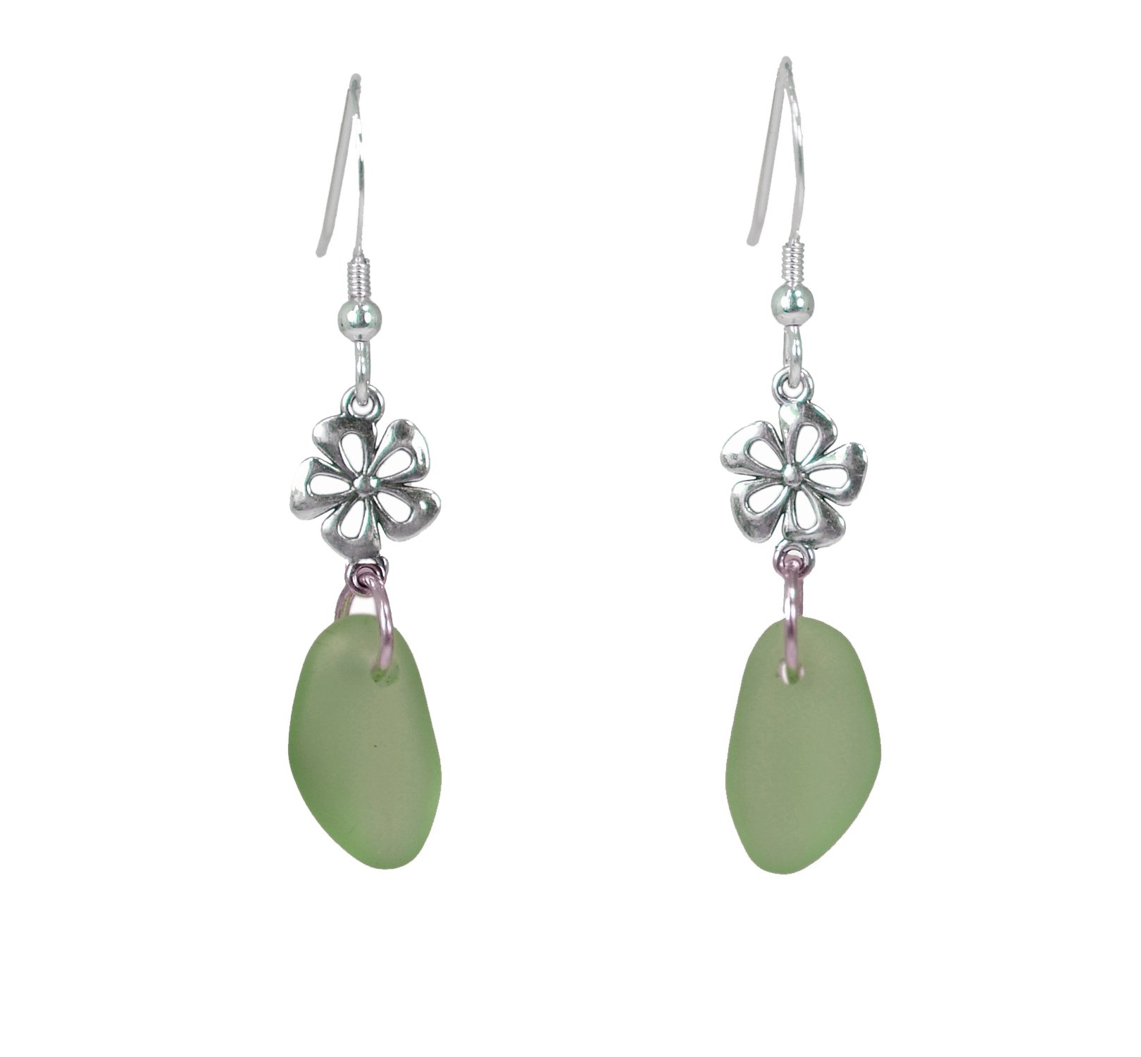 Unique Sterling Silver Hawaiian Hibiscus Sea Glass Single Drop Earrings in Green
