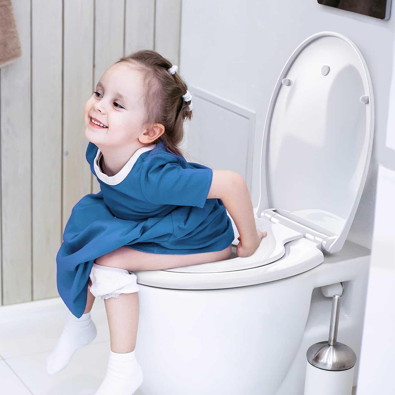 STOREMIC Tapa de inodoro con dispositivo automático de descenso automático, asiento de inodoro con cierre magnético para niños, función de liberación rápida, con bisagras ajustables, forma de O