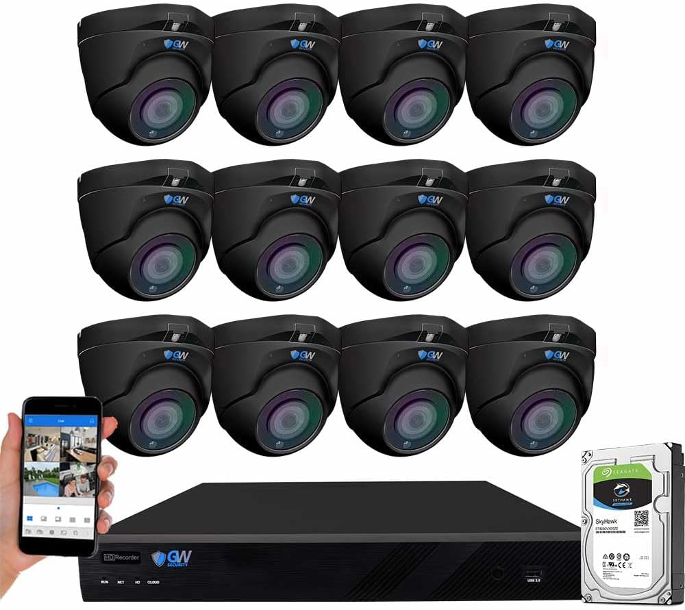 GW Security 16 Channel UltraHD 4K (3840x2160) Audio & Video Motorized Zoom Smart AI NVR Security System - 12 x 8MP Motorized 2.7-13.5mm 5X Optical Zoom Waterproof Microphone PoE Dome Cameras (Black)