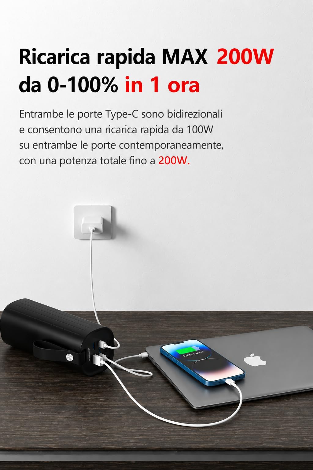 LITIONITE Titan Power Bank 60000mAh 200W per Notebook e MacBook, con doppia porta USB-C 100W PD3.0, Batteria Esterna LiFePO4 3000 Cicli, per Tablet, Nintendo Switch e Drone
