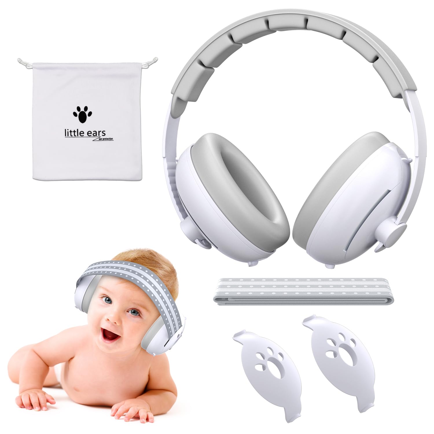 Casque Bébé Anti-Bruit 2 en 1, Bébés et Tout-Petits jusqu'à 60 Mois, Certifié CE, Confortable et Réglable, Blanc