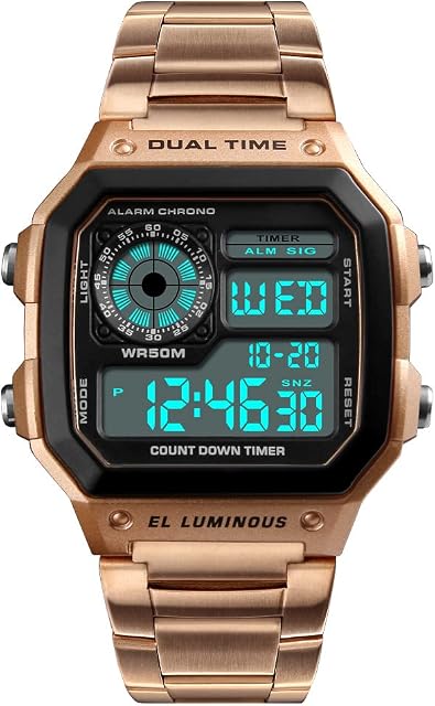 FeiWen Mens Fashion Digital Sports Watch Outdoor Military Multifunction 50M Waterproof LED Dual Time Simple Design Stainless Steel Wrist Watches