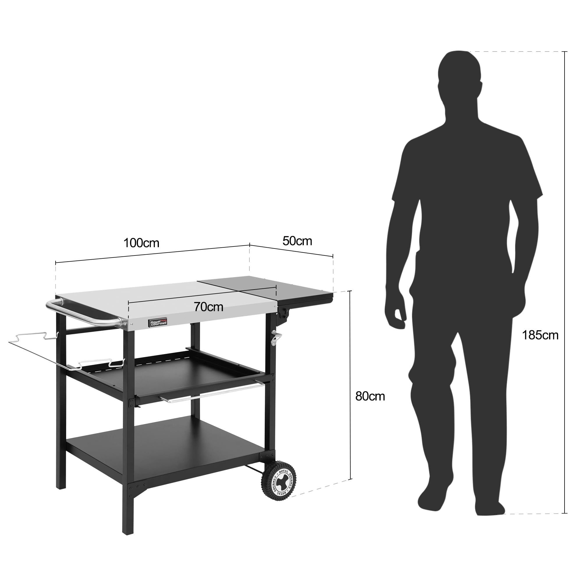 Royal Gourmet Postre Exterior para Plancha, 3 estantes Carro para Barbacoa con Mesa de Acero Inoxidable 70 x 50 cm y Mesa Auxiliar Plegable de 30 x 50 cm, Apto para Cocina y jardín