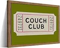 Vintage Couch Club Ticket Framed Canvas Wall Art - Retro Green Minimalist Quote Poster Print for Living Room Bathroom Decor 12x16 Inch