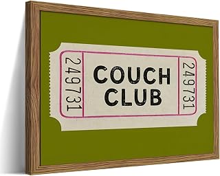 Vintage Couch Club Ticket Framed Canvas Wall Art - Retro Green Minimalist Quote Poster Print for Living Room Bathroom Decor 12x16 Inch