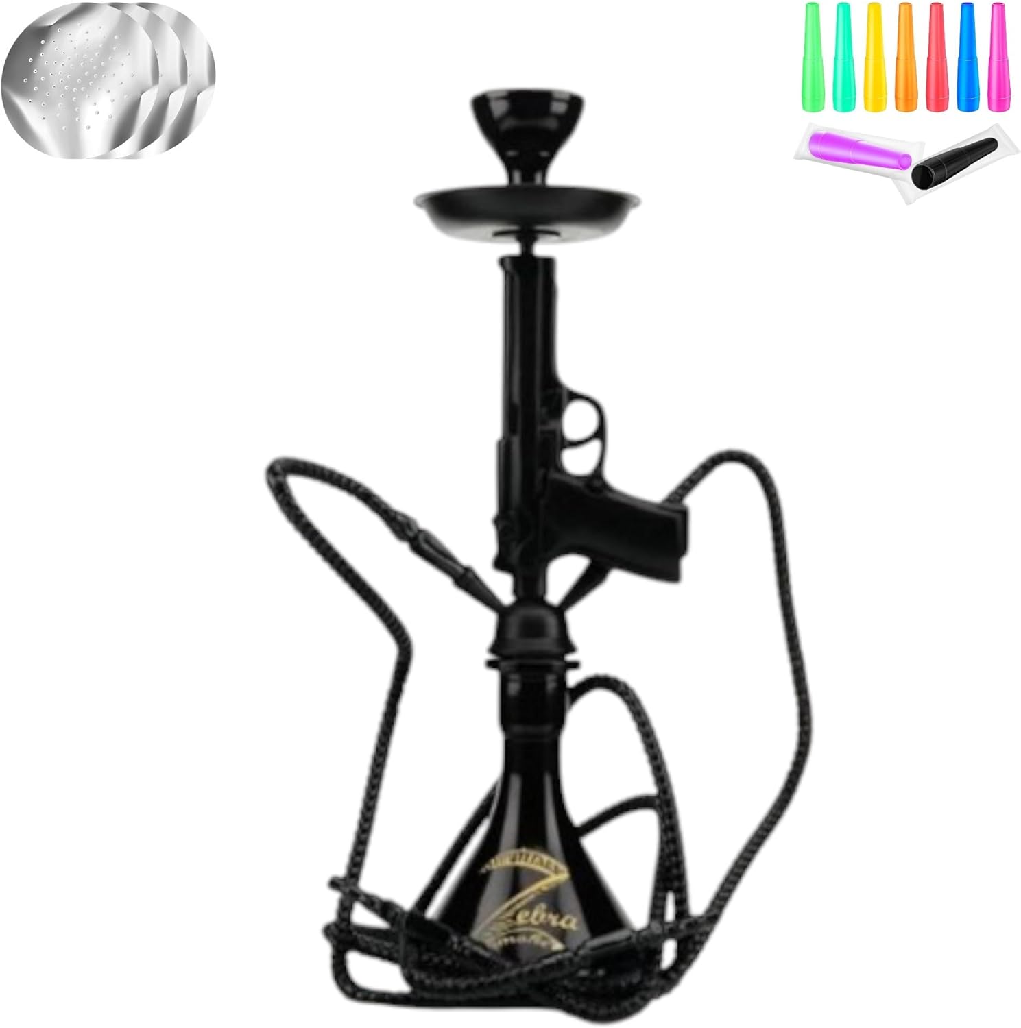 Zebra Smoke Decorative Hookah Set Black Pistol Design 20 Inch – Premium Glass & Stainless Steel Display Piece with Accessories Included