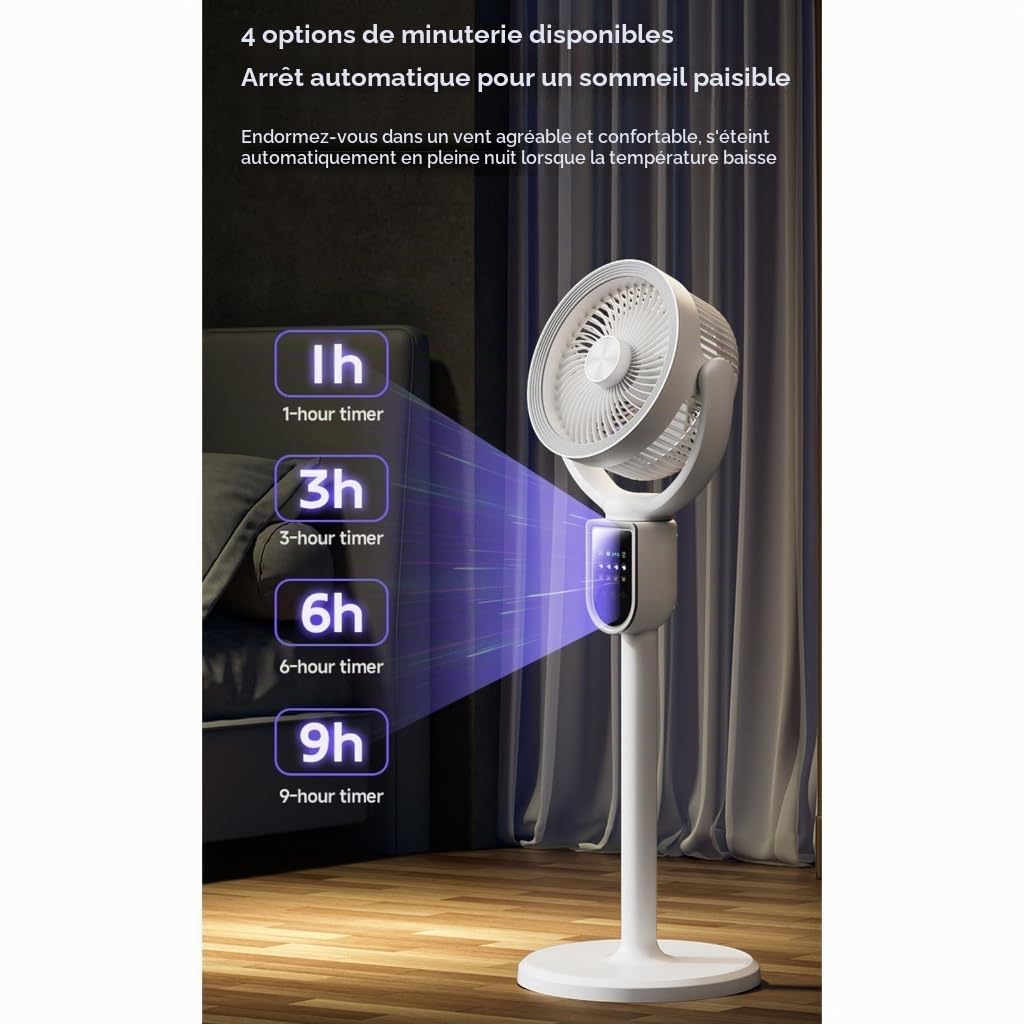 Ventilateur sur Pied Silencieux et Puissant avec Télécommande pour Chambre, 4800 mAh Rechargeable, 4 Vitesses Réglable, Oscillation Automatique, Minuterie 9, Couvrant Jusqu'à 28 m²