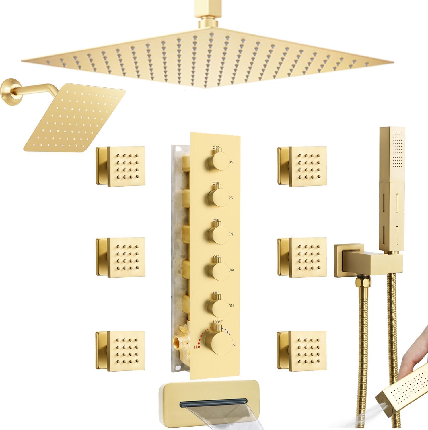 ENGA Thermostatic Dual Shower Head Shower System with Body Jets, 16" Ceiling Shower Head & 6" Wall Shower Head with Tub Spout, 5 Function Full Body Shower System Can All Run Together, Brushed Gold