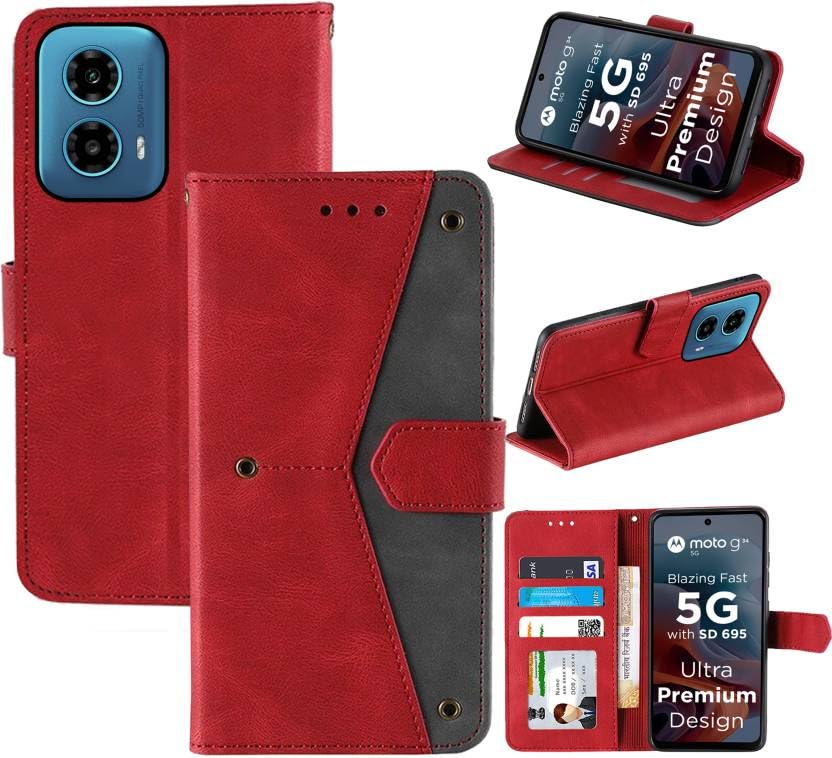 Image of Flip Cover Compatible for Moto G45 5G, Moto G34 5G, Motorola G45 5G, Motorola G34 5G flip Cover - Attractiv Red