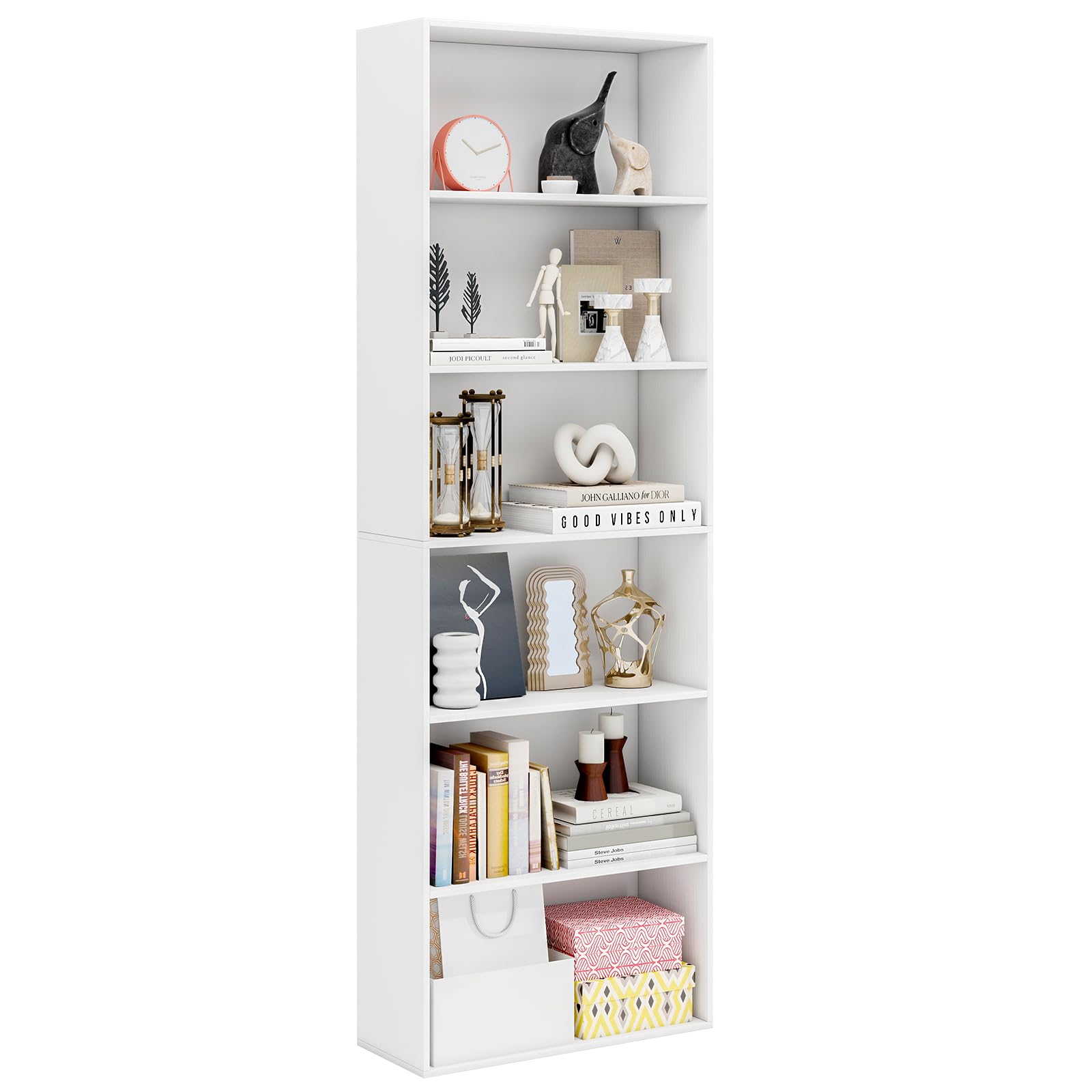 GOPLUS Bibliotheque sur Pied à 6 Niveaux, 178 cm Bibliothèque Meuble de Rangement en Bois avec Étagères Ouvertes, Range-Livres pour Salon, Bureau, Chambre, Salle d'Étude (Blanc)