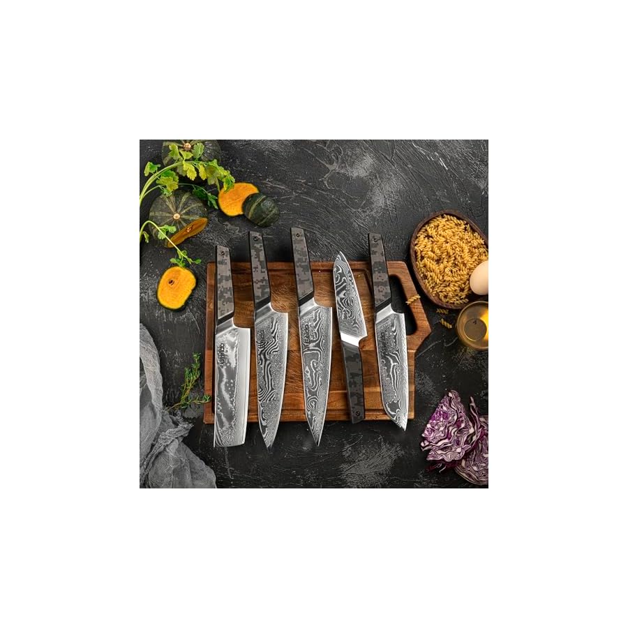 Seido-Knives-5-Piece-Meisai-Damascus-Steel-Knife-Set-Hand-Forged-Quality-with-Exquisite-Damascus-Pattern-Includes-Gyuto-Kiritsuke-Nakiri-Santoku-and-Utility-Chef-Knives Seido Knives 5-Piece Meisai Damascus Steel Knife Set - Hand-Forged Quality with Exquisite Damascus Pattern - Includes Gyuto, Kiritsuke, Nakiri, Santoku, and Utility Chef Knives