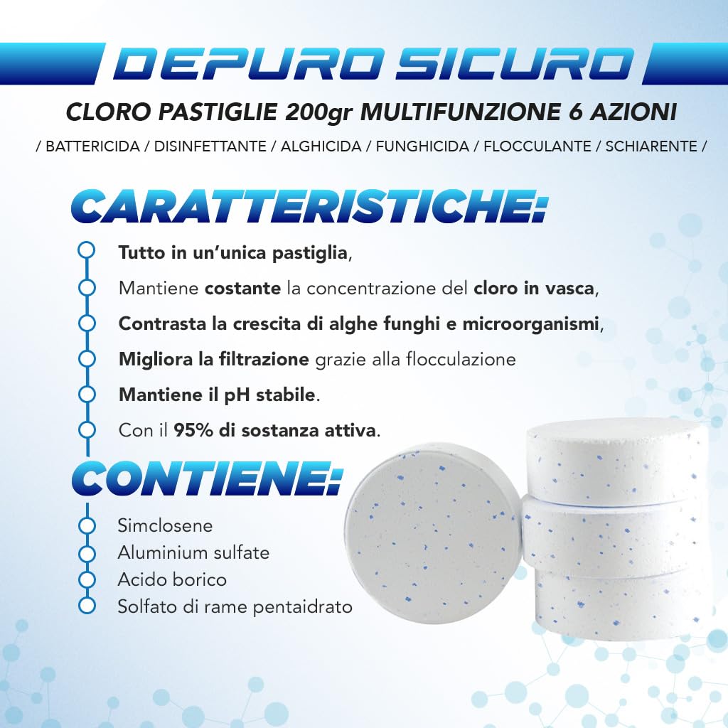 Naturii Cloro Multifunzione, Pastiglie 200 g Cloro Polifunzione Dicloro, Alghicida, Flocculante per Acqua Piscina kg 10 (1)