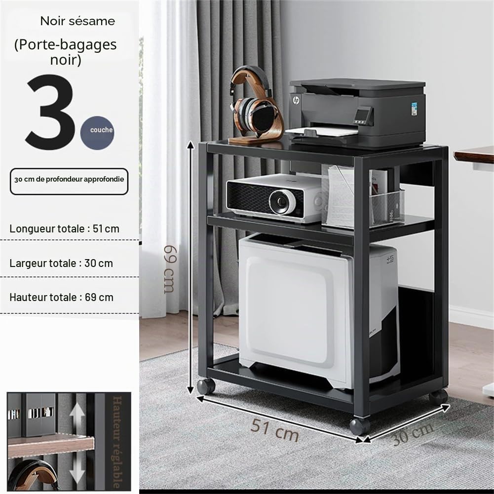 Support pour Tour d'ordinateur à 3 Niveaux, Réglable en Hauteur avec roulettes, Support pour PC CPU en pour Salon, Chambre à Coucher, Bureau, 51 x 30 x 69 cm, Noir