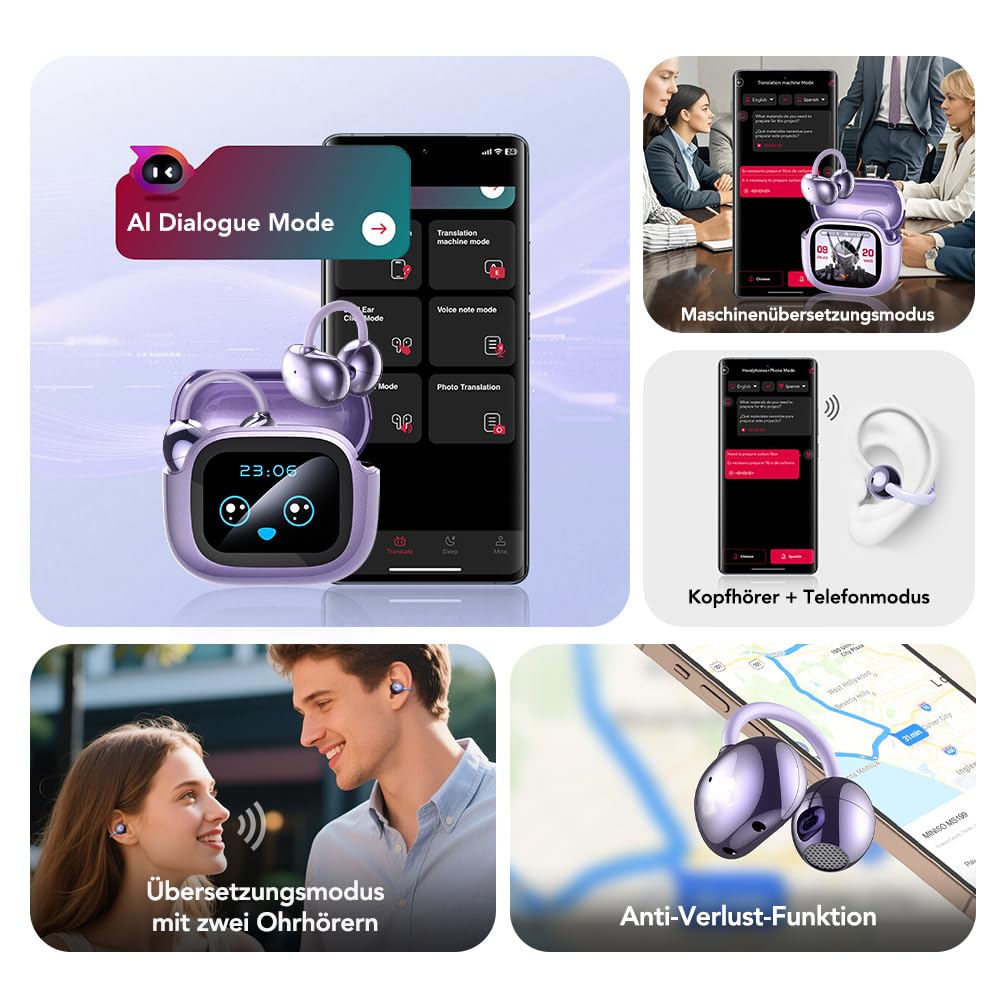 AI - Traduttore per cuffie NE32, in tempo reale, 136 lingue con app, cuffie Bluetooth senza fili, 3 in 1,40H, per iOS e Android, apprendimento, da viaggio viola