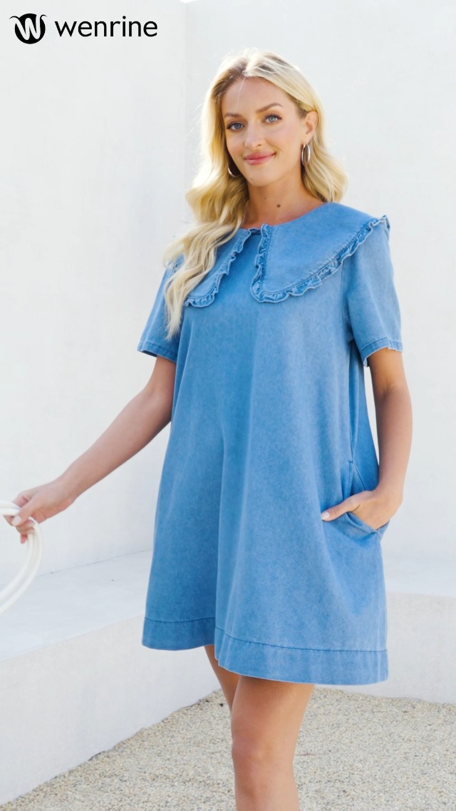 Wenrine Womens Summer Denim Mini Dress Oversized Peter Pan