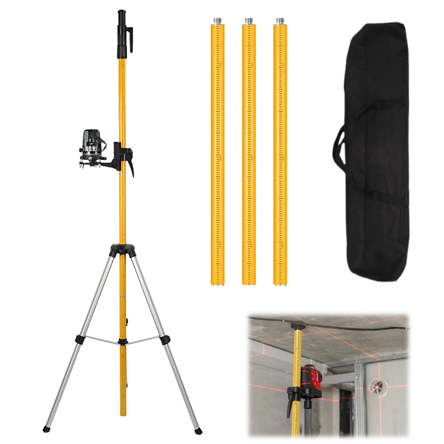 Perche Télescopique 3m/10ft, Trepied Laser avec Réglage Hauteur, Tige Telescopique Niveau Laser 360° Rotation, Support Niveau Laser avec Filetage ExtéRieur 1/4" et Adaptateur de Filetage 5/8"