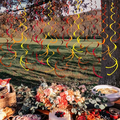 Image of 36 Pcs Fall Hanging Swirl Decorations Brown Burgundy Orange Yellow Felt Swirl Streamer Spiral Ceiling Decorations Garland for Autumn Thanksgiving Harvest Birthday Wedding Bridal Shower Party Supplies
