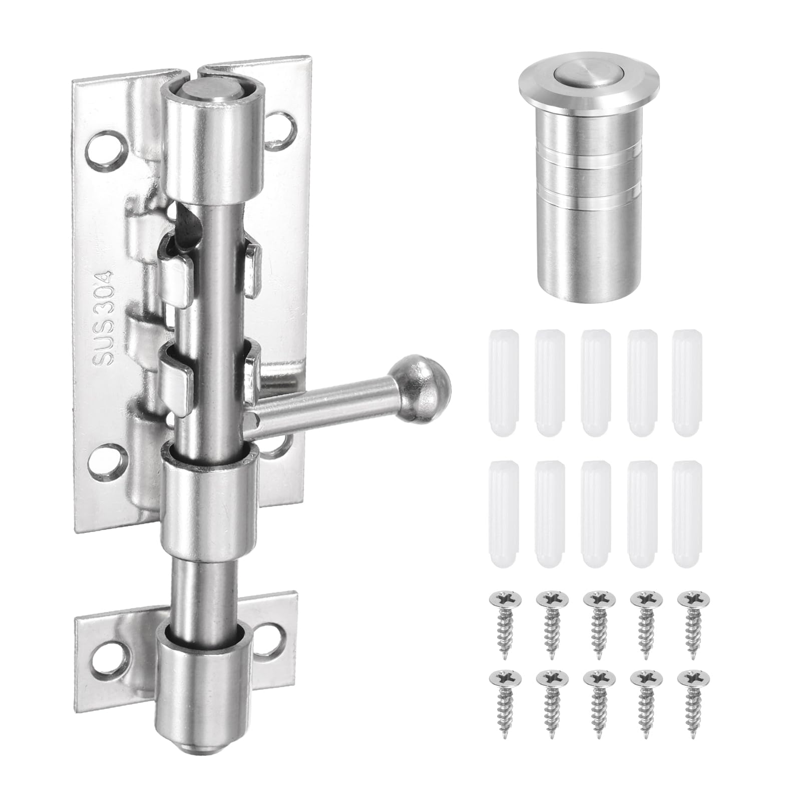 sourcing map 1-Pack Slide Bolt Latch, 4 in 304 Stainless Steel Barrel Bolt Latch Heavy Duty Door Latches Lock 10mm Dia Bar with Dust Container for Barn Wooden Fence Shed Door Garage [Silver]