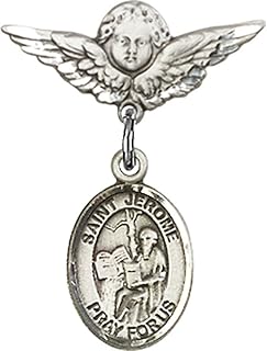 Sterling Silver Baby Badge with St. Jerome Charm and Angel w/Wings Badge Pin 7/8 X 3/4 inches