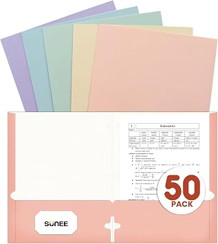 SUNEE Folders with Pockets 3 Hole Punched50 Pack, Pastel Colors, 2 Pocket Folders Fit Letter Size Paper, Paper File Folder for School Office Home Business