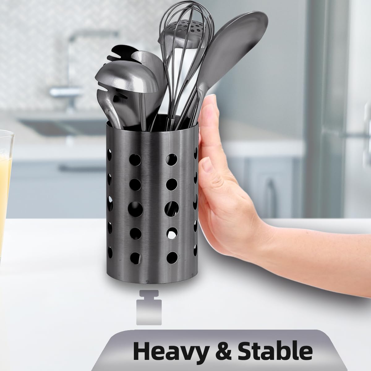 QRU Soporte para utensilios de cocina para encimera (6.7 pulgadas de alto x 4.1 pulgadas de ancho), organizador de utensilios de cocina de acero inoxidable para herramientas, espátulas, cucharas,